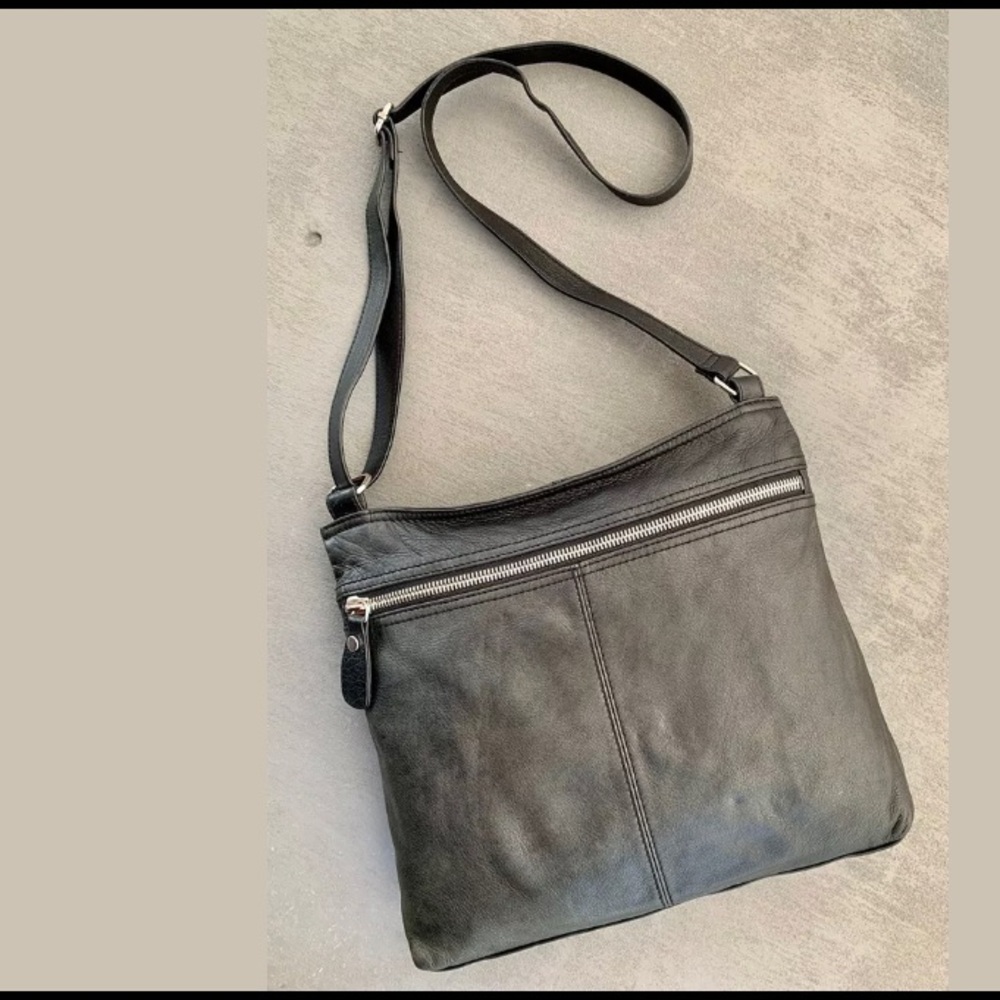MARGOT Black & Grey Leather Crossbody/Saddle Bag